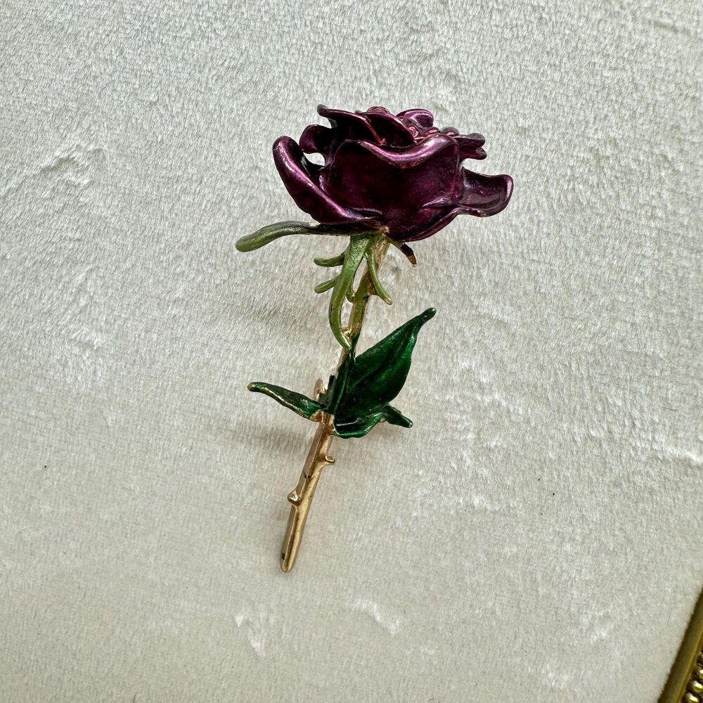Purple Single Stem Rose Flower Brooch Lapel Royalty Enchantment Enchanted Era - Picture 3 of 5